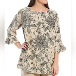 Bryn Walker Large Shirt Linen Chiara Blouse Floral Top 3/4 Sleeve Scoop …
